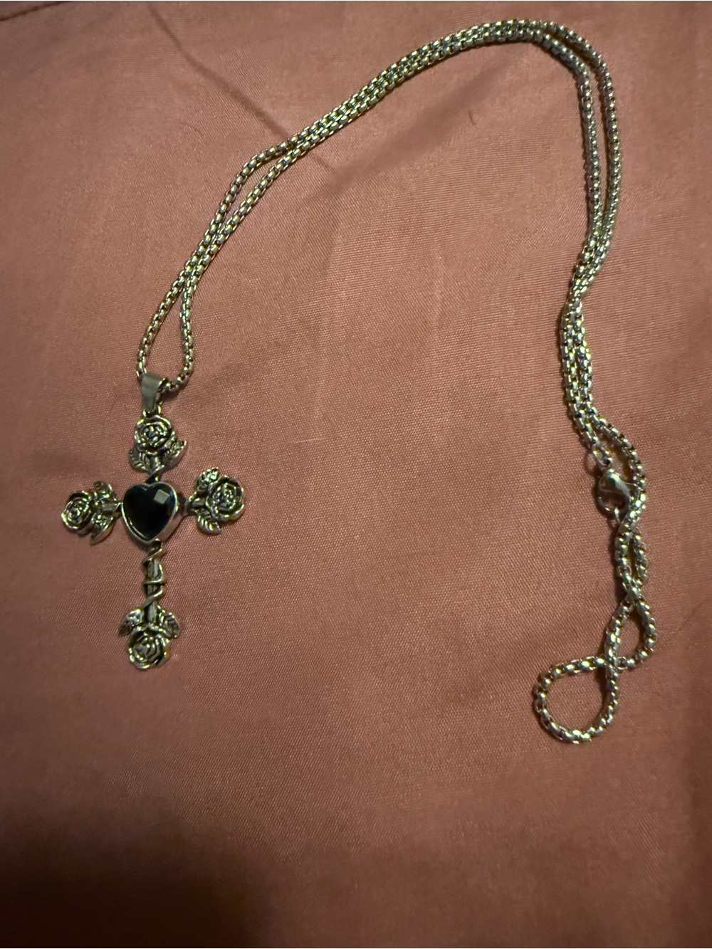Silver-Tone Rose Cross Necklace with Black Heart Pendant